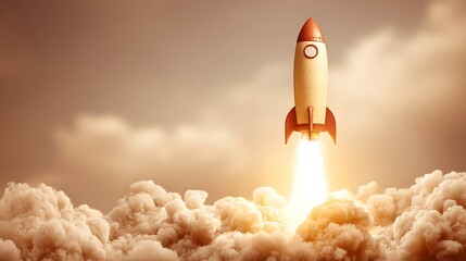 Retro Orange and Cream Rocket Launching Above Thick Clouds in Warm Sky