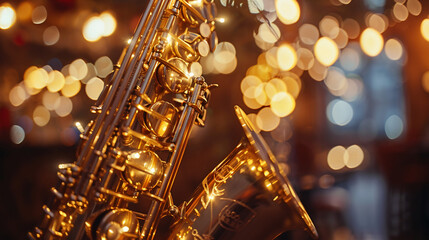 Close-up detail of a golden saxophone with warm bokeh lights in the background - Generative AI