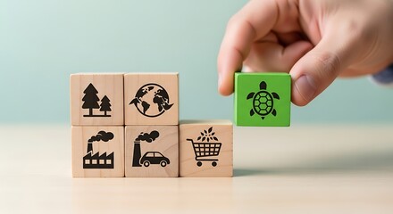 Hand placing green wooden block with turtle icon to promote sustainability and ecofriendly business concept among other industry icons