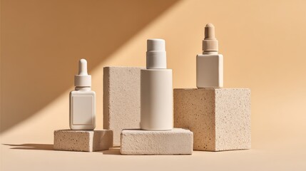 Beige Cosmetic Bottles Displayed On Stone Cubes
