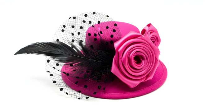 Elegant fuchsia mini top hat adorned with a large rosette and black feathers
