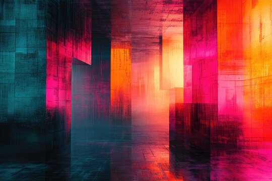 Abstract vibrant geometric art with glowing magenta, orange, and teal architectural forms, showcasing a dynamic, textured, futuristic digital landscape.