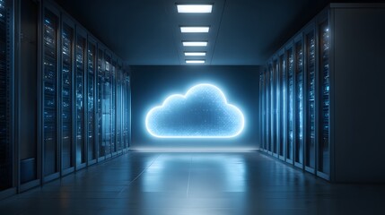 Digital data storage infrastructure features a glowing abstract cloud icon on a server room wall
