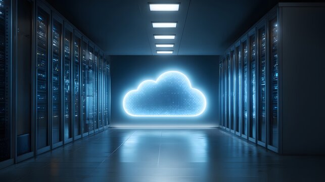 Digital data storage infrastructure features a glowing abstract cloud icon on a server room wall