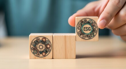 Hand placing wooden block with esg acronym in decorative circle next to other blocks on table