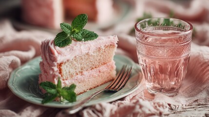 Close-up of a cake with pink icing and fresh mint leaves beside a glass of pink drink, symbolizing sweetness, cozy party moments, soft warm lighting, inviting textures