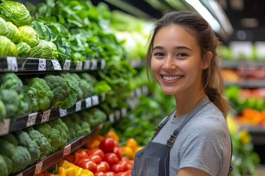 Smiling woman employee working in grocery store produce section