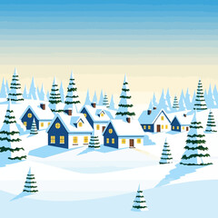 Charming winter village scene with snow-covered houses and evergreen trees under a clear blue sky, creating a peaceful landscape.
