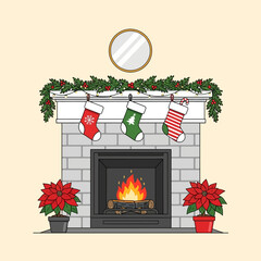 A cozy Christmas fireplace with burning logs, decorated with garland, stockings, and poinsettia plants, topped with a round mirror.