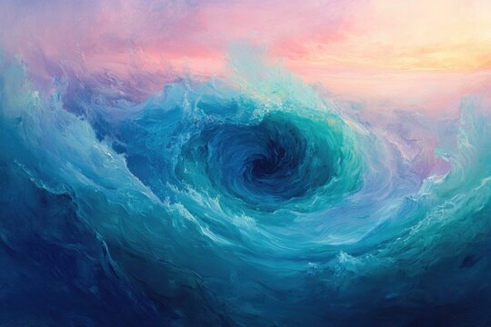 A dynamic oil painting portrays a powerful ocean vortex. Swirling blue-turquoise waves form a deep whirlpool under a vibrant pink-orange sky.