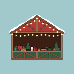 A festive Christmas market stall decorated with snow, string lights, gifts, and small trees on a light blue background.