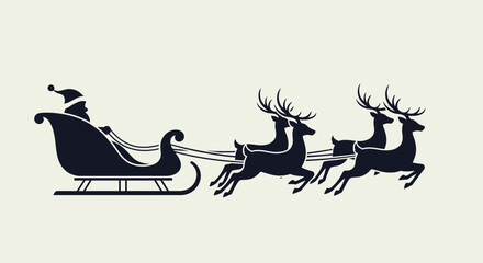 A black silhouette of Santa Claus in his sleigh pulled by four flying reindeer, representing Christmas.