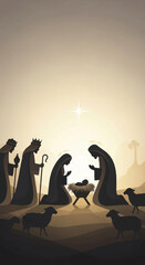 Silhouette Nativity scene depicting Mary, Joseph, and the baby Jesus in a manger, with three wise men and sheep under a guiding star.