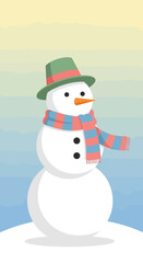 A cute cartoon snowman wearing a green hat and a striped scarf stands on a snowy hill under a winter sky.