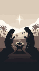 Silhouette depiction of the Nativity scene with Mary, Joseph, and baby Jesus under a guiding star, surrounded by palm trees.