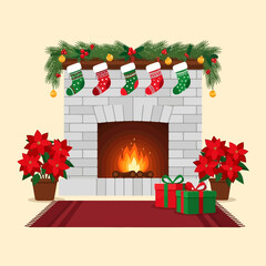 A cozy Christmas scene featuring a decorated fireplace with stockings, garland, poinsettias, and wrapped gifts on a red rug.