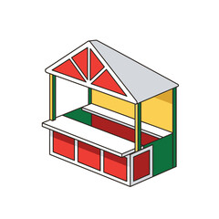 Isometric illustration of a colorful market stall with a red and white roof, yellow interior, and green and red base, suitable for a fair or festival.