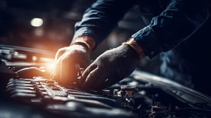 Skilled technician wearing protective gloves carefully working on a complex machine engine component