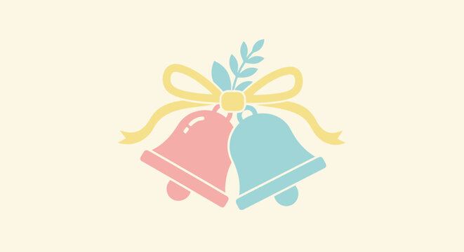 Two pastel-colored wedding bells tied with a yellow ribbon and a green sprig, symbolizing celebration and joy. - Powered by Adobe