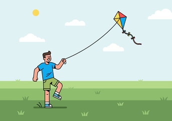 Obraz premium Illustration of a happy boy flying a colorful kite in a green field under the sun. Concept for childhood fun, outdoor activity and summer recreation