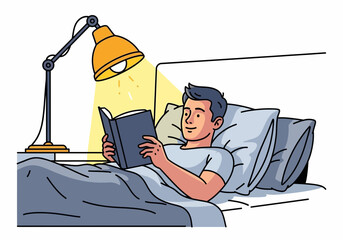 Man reading a book in bed at night under a lamp, concept for relaxing time, personal development and bedtime story