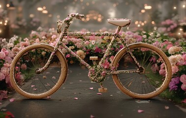 Cycle decorated with flowers and abstract background of a blossoming garden.