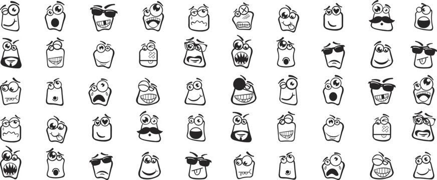 "Hand-drawn doodle monster faces in a playful pattern. Unique expressive cartoon characters for creative projects. Fun black and white illustration set."