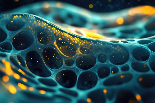 Abstract blue-teal surface with glowing yellow particles, resembling a microscopic cellular or fluid structure with bioluminescent elements.