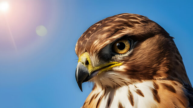Close up portrait of a majestic hawk with piercing eyes against a clear blue sky with sun flare
