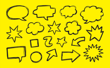 Dynamic hand drawn speech bubbles and arrows on vibrant yellow, perfect for engaging social media posts and creative marketing campaigns now!