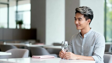 Handsome young Asian man waiting at a restaurant table holding a glass. Smiling male customer sitting in a modern cafe during the day. Lifestyle and dating concept