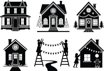 House, Christmas, decoration, festive, winter, lights, silhouette, black, white, holiday, cozy, home, vector, illustration, gingerbread, ladder, wreath, scene, design, sketch