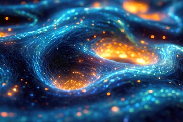 Abstract data streams or energy flows, featuring glowing blue and orange particles traversing intricate, wavy pathways. A vibrant, futuristic network visualization.