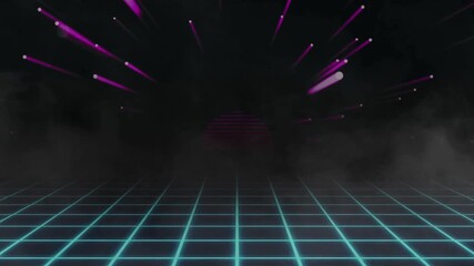 Retro game background smoke highlights a glowing neon grid and sparkling stars in a dark sky.