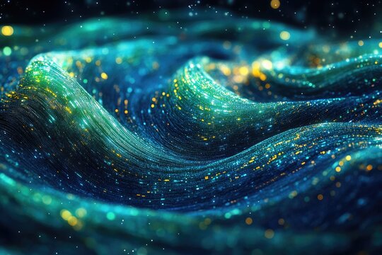 Abstract digital waves ripple with sparkling blue, green, and golden particles, illustrating data flow, network connections, or a futuristic technological landscape. - Powered by Adobe