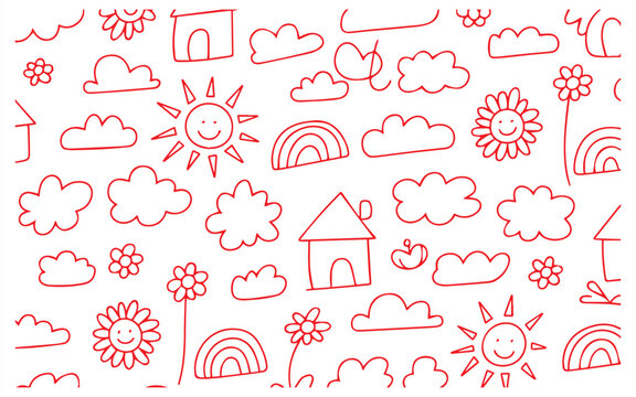 Whimsical red doodles of smiling suns, fluffy clouds, rainbows, and cozy houses create a cheerful, carefree pattern that's perfect for joyful designs