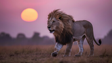 Majestic male lion walks across african savanna at sunset with warm sun and purple sky creating a dramatic atmospheric scene