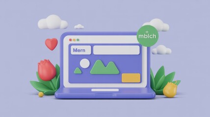 A cute 3D rendered laptop displays a "Mern" web interface with graphic elements, surrounded by clouds, heart, and vibrant flowers.
