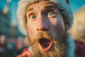 close-up portrait during Santa Run in the UK, runner wearing Santa Claus costume, joyful smiling face showing excitement, festive background softly blurred,