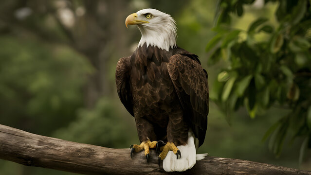 Majestic bald eagle perched on a branch with a blurred green forest background