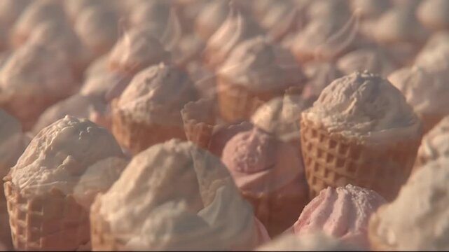 Creamy Vanilla and Strawberry Ice Cream Cones Close-Up, Sweet Dessert Treat Background, Tempting Food Concept