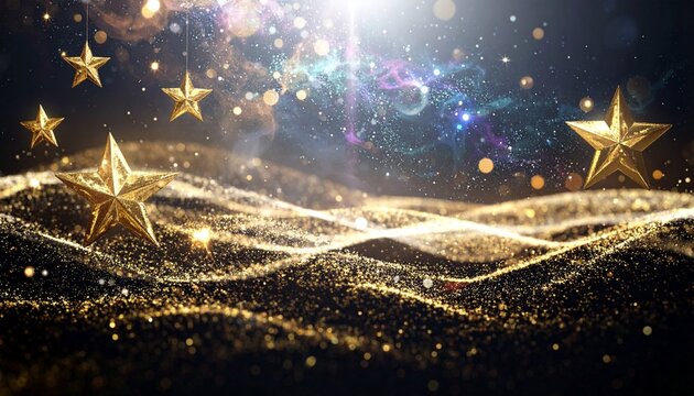 A luxurious abstract Christmas background featuring glowing gold stars and sparkling particles floating in a dark, magical atmosphere.