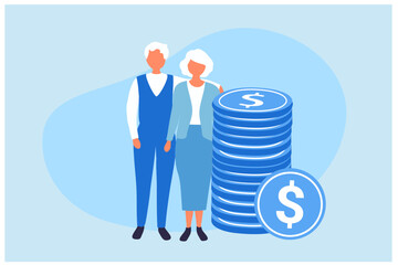 Pension Fund. Long-term Capital Investment for senior. Big Piggy Bank and Stack of Money. Pensioners Invest Money. Pension Savings, Insurance and Funded Pension financial investment planning savings