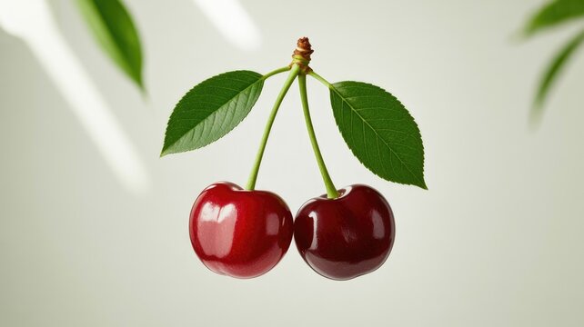 Two vibrant red cherries with green leaves hang from a stem against a soft, light background, showcasing their fresh appeal.