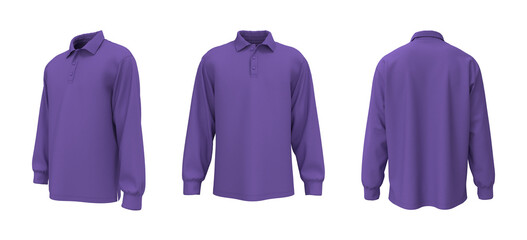Oversized men’s long sleeve polo shirt mockup. Front, side and back view. 3d illustration, 3d rendering