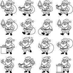 Santa Claus, cartoon, black, white, outline, Christmas, festive, character, pose, vector, illustration, holiday, icon, drawing, sketch, gift, tree, podium, gesture, set