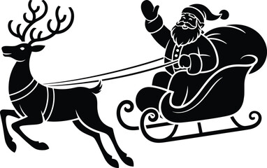 Santa Claus, sleigh, reindeer, silhouette, Christmas, holiday, festive, winter, black, white, vector, illustration, gift, motion, antlers, waving, icon, design, folklore, scene