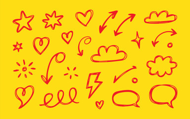 Expressive hand drawn doodle elements with stars, hearts, arrows, speech bubbles, and clouds for creative design projects and playful backgrounds