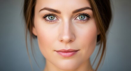 Close-up portrait of a young woman with striking blue eyes and