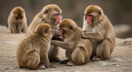 Fototapeta premium Playful Macaque Troop Engaged in Social Grooming and Interactive Bonding Behavior - Primates Displaying Strong Family Connections and Social Hierarchy in Natural Habitat Demonstrating Intelligence and